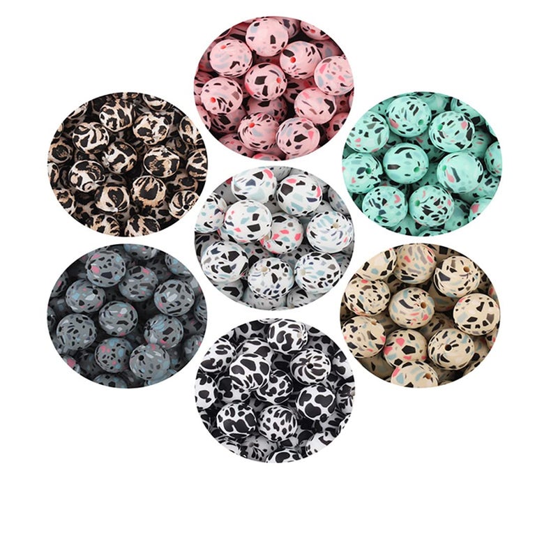 Decoendiy 50Pcs Silicone Printed Beads 15mm  Leopard Cow Animal Print Beads  Flower Leaves Plaid Beads  Loose Round Silicone Spacer Beads  for Adults DIY Crafts Supplies (#7) - Image 4